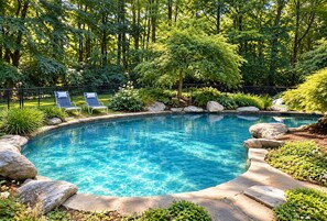 A clear blue swimming pool surrounded by rocks and greenery, with two lounge chairs and a fence in the background.