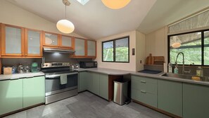 Une cuisine moderne avec des meubles de couleur verte, des appareils en acier inoxydable, une fenêtre et une poubelle.
