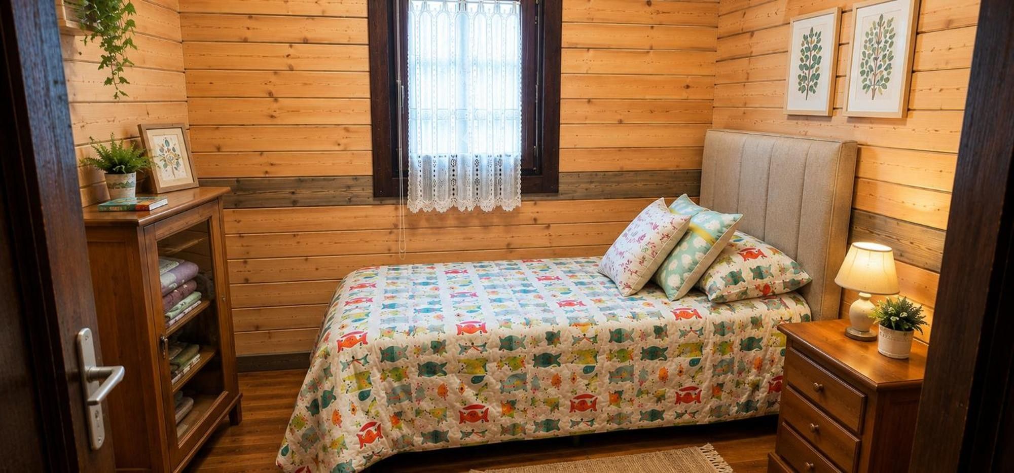 A cozy room with a bed, bedside table, lamp, and a window with lace curtains.