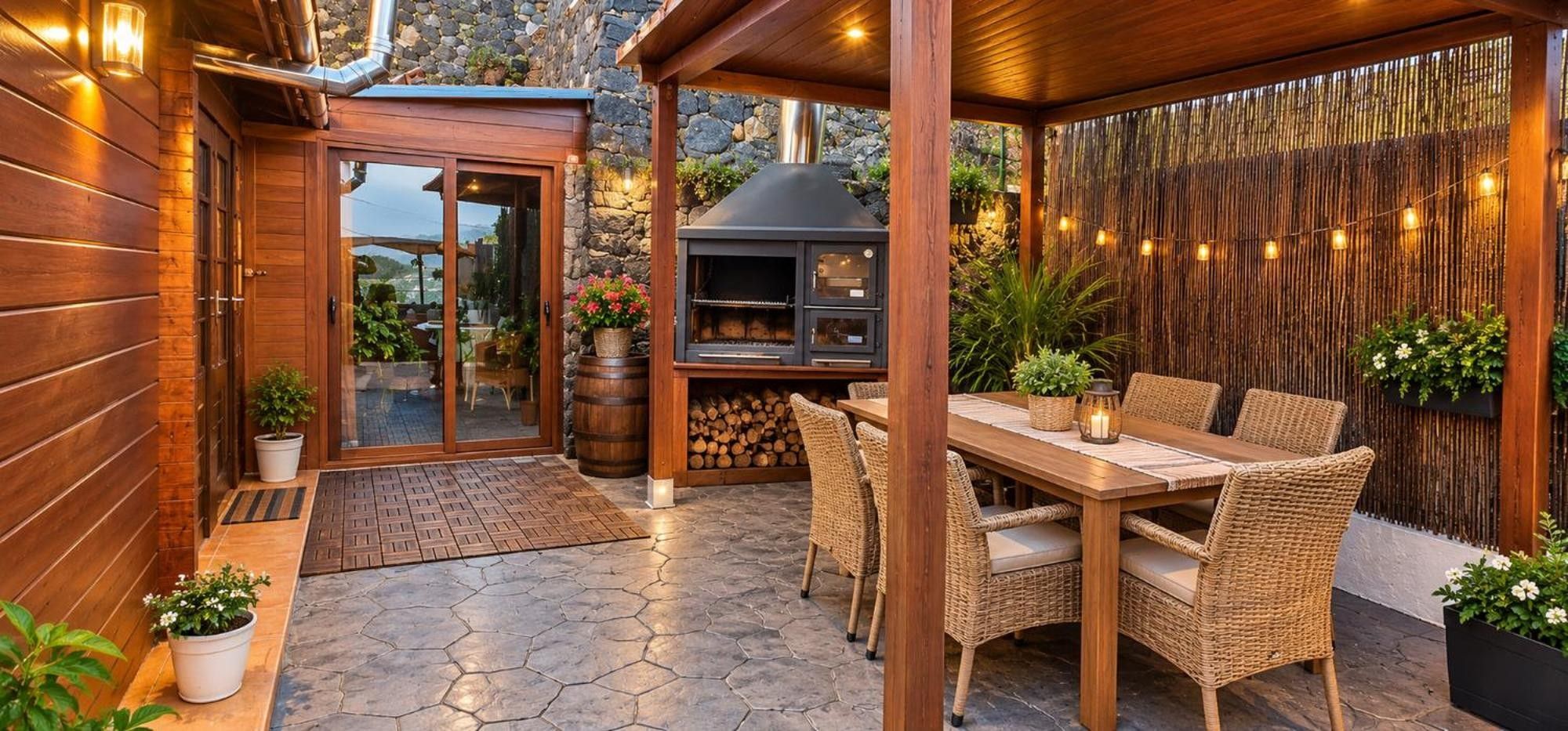 Een terras buiten met een houten tafel en rieten stoelen, een stenen vloer en een stenen muur met een houten pergola erboven.