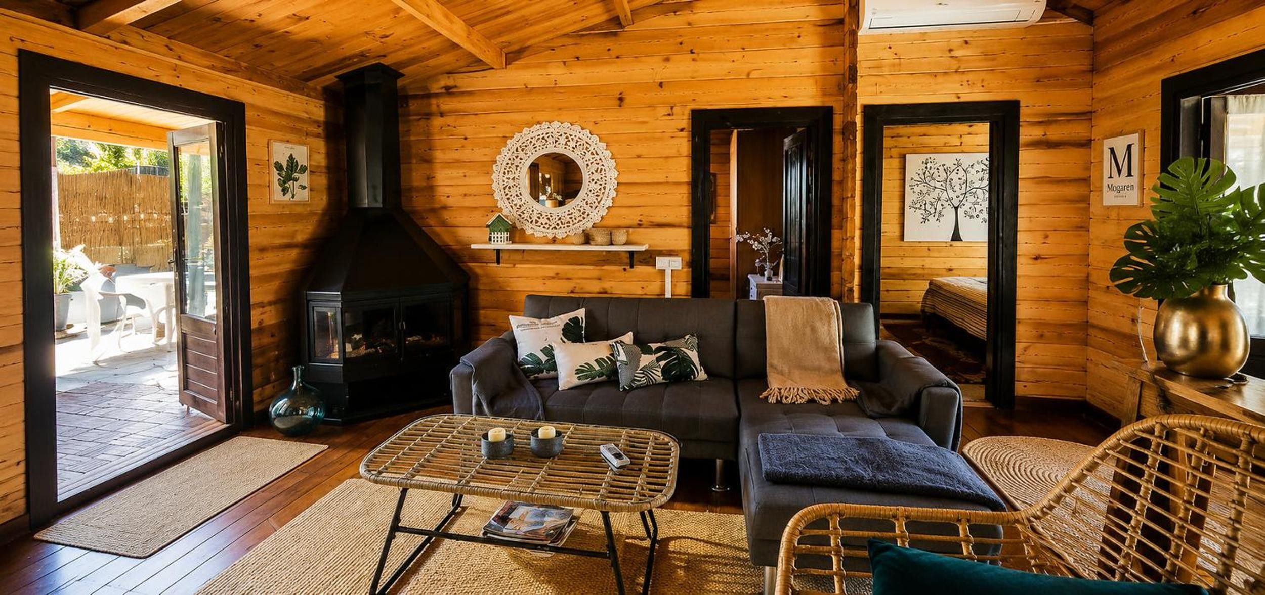 Een gezellig chaletinterieur met een open haard, een bank, een bijzettafeltje en rieten meubels.