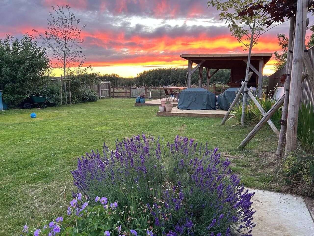 Ein Garten mit Rasen, einer Holz-Pergola und einem Grillplatz.