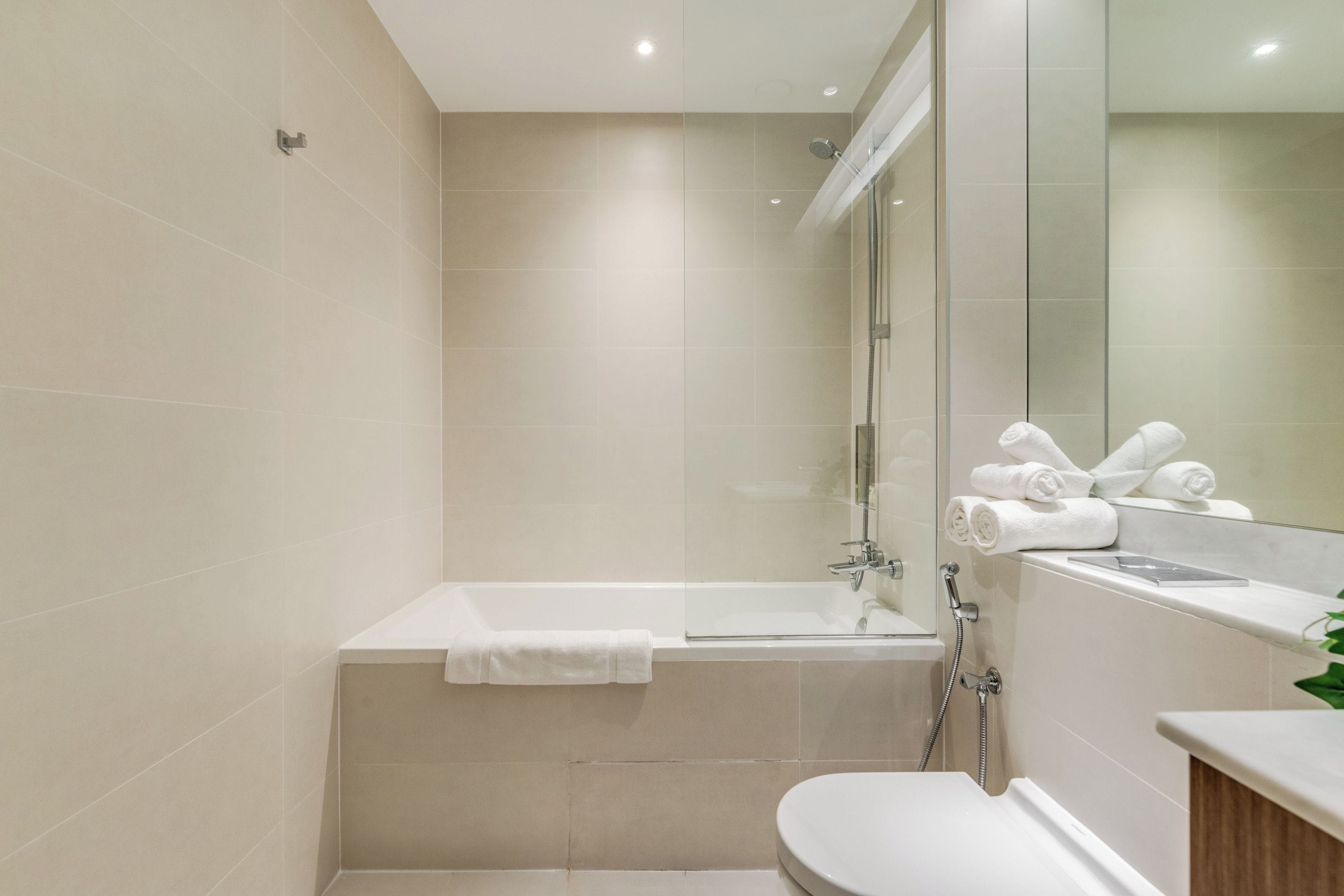 A modern bathroom with a bathtub, a toilet, and a shower area.
