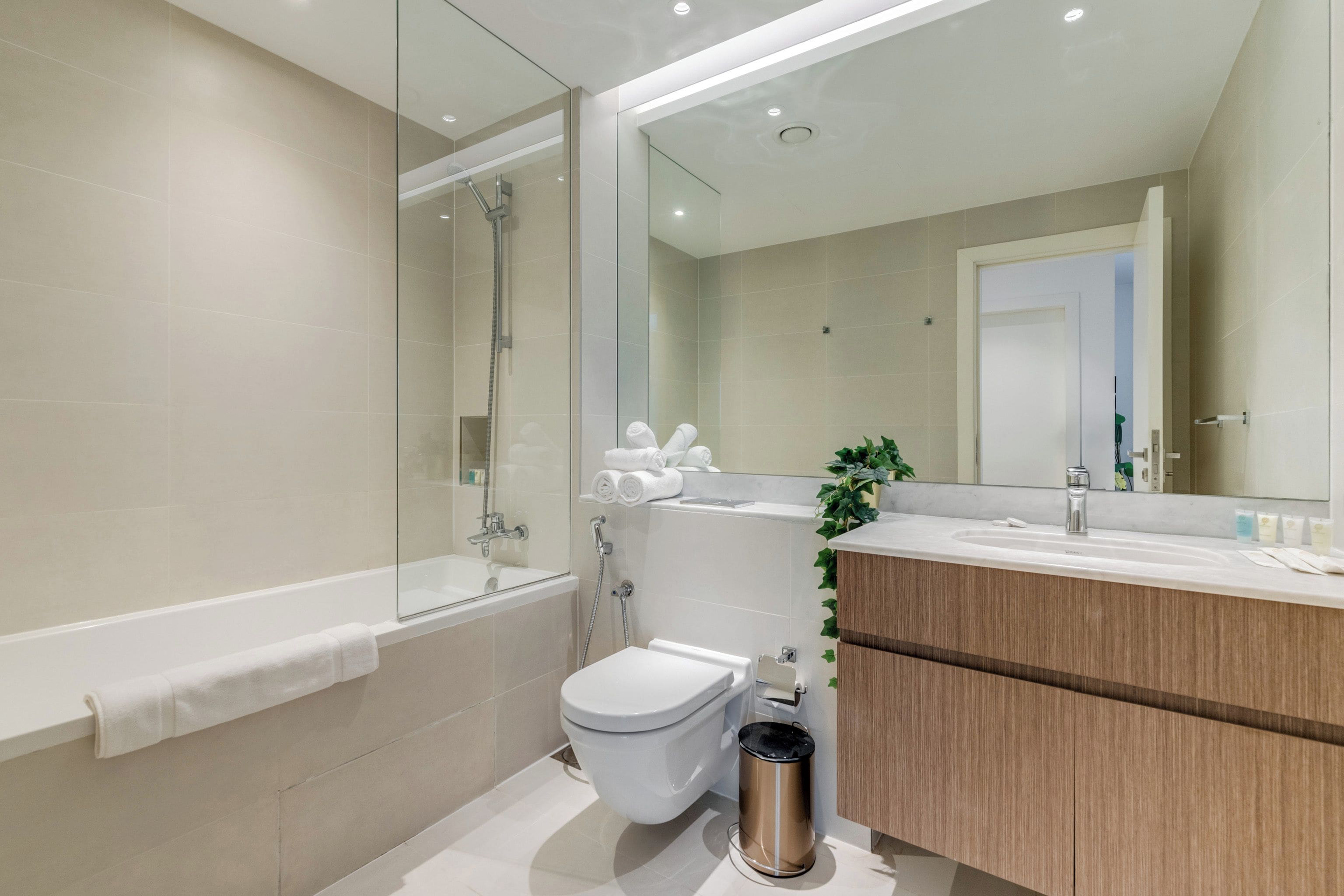 A modern bathroom with a glass-enclosed shower, a toilet, and a vanity with a mirror.
