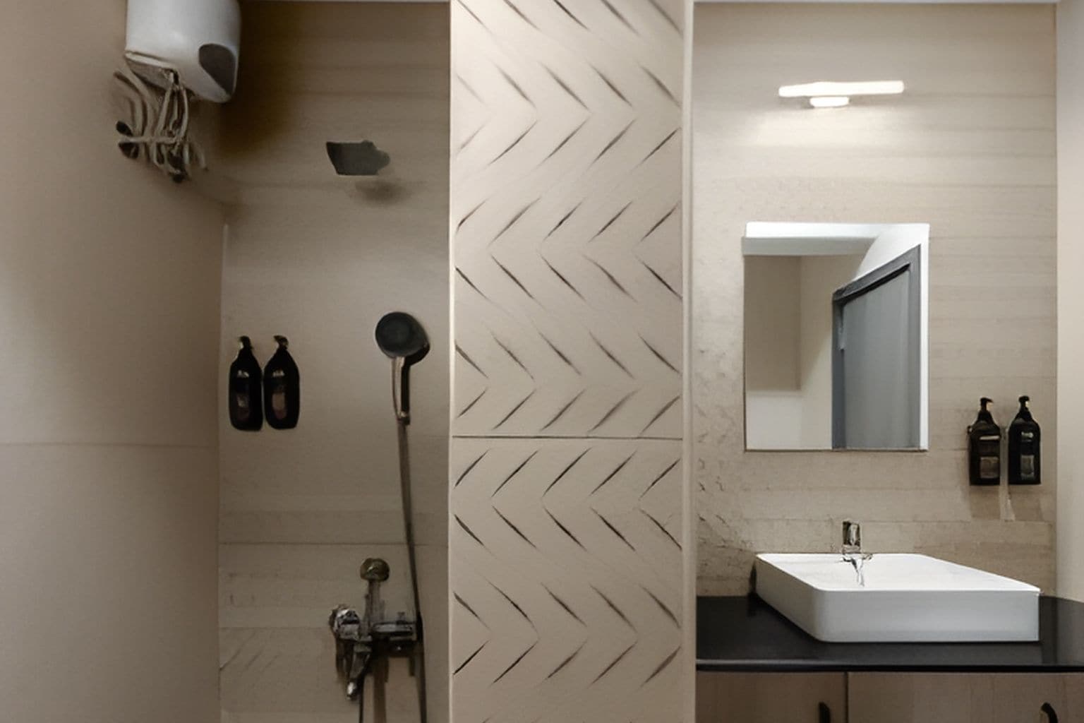A modern bathroom with a herringbone-patterned wall, a large mirror, and a white sink.