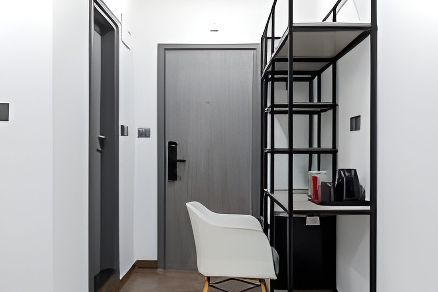 Un pasillo con una silla blanca, una puerta cerrada y un estante metálico negro con objetos encima.