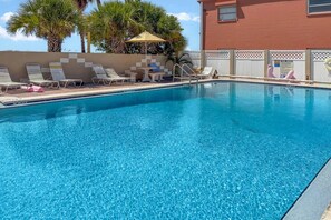 A clear swimming pool with lounge chairs and a palm tree in the background. - Ground Floor Beachfront Condo. Heated Pool. Shuffleboard. Perfect Location. No Car Necessary! (Treasure Island)