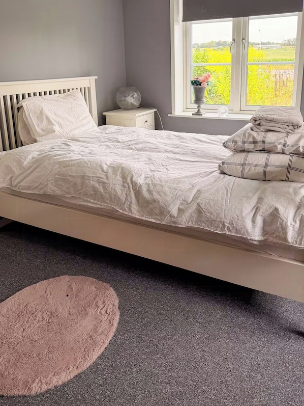 A bedroom with a bed, a nightstand, a window with a view of greenery, and a round rug.