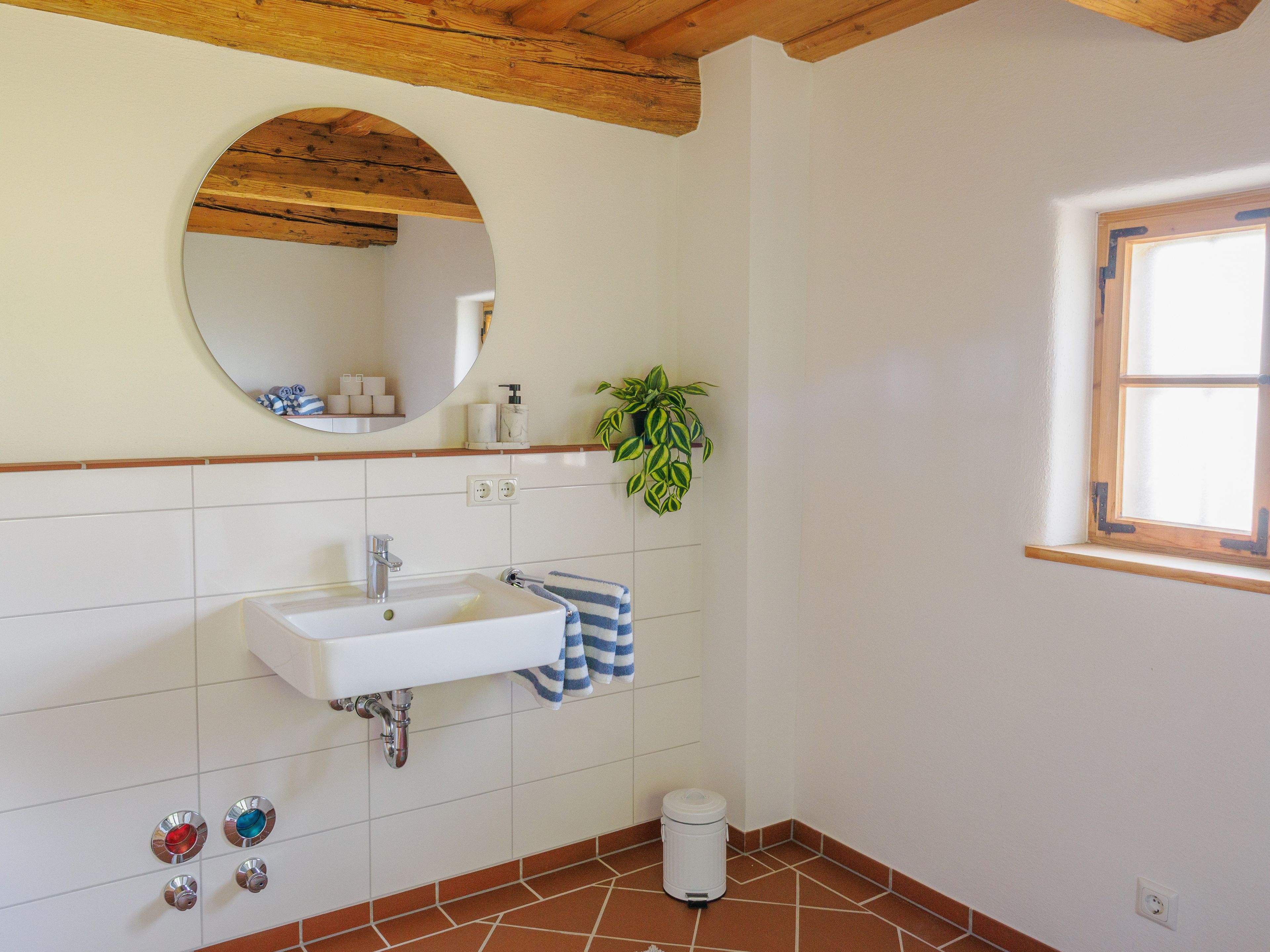 A bathroom with a white sink, a mirror, a towel rack, a potted plant, and a window.
