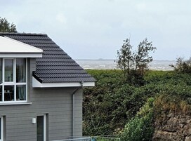 A modern house with a grey exterior and a sloped roof, overlooking a coastal area with dense vegetation and a view of the sea.