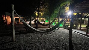 Una hamaca entre árboles en un espacio exterior bien iluminado, con un edificio al fondo.