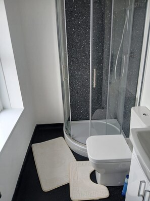 A modern bathroom with a glass-enclosed shower, a white toilet, and a black countertop. - Ridgeways Premium House (Bristol City)