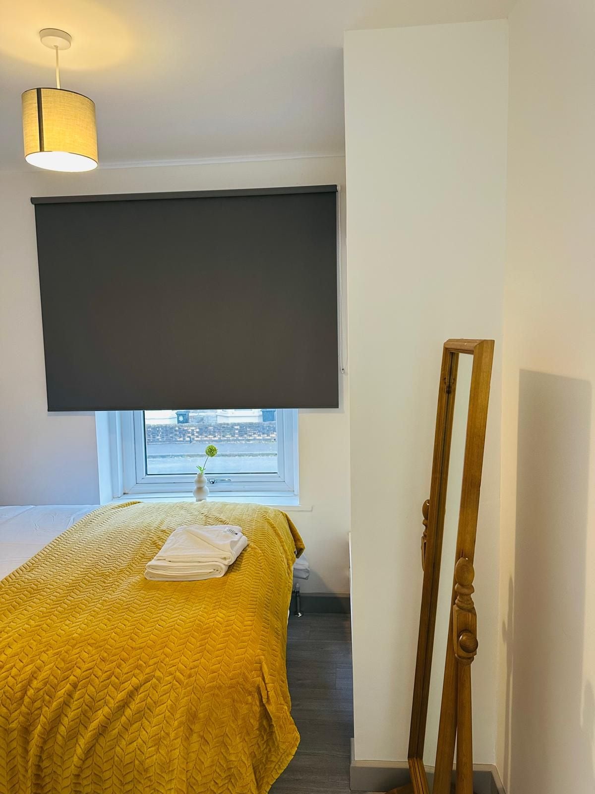 Une chambre d’hôtel avec un lit, une fenêtre donnant sur un paysage agréable, un grand miroir et un luminaire au plafond.