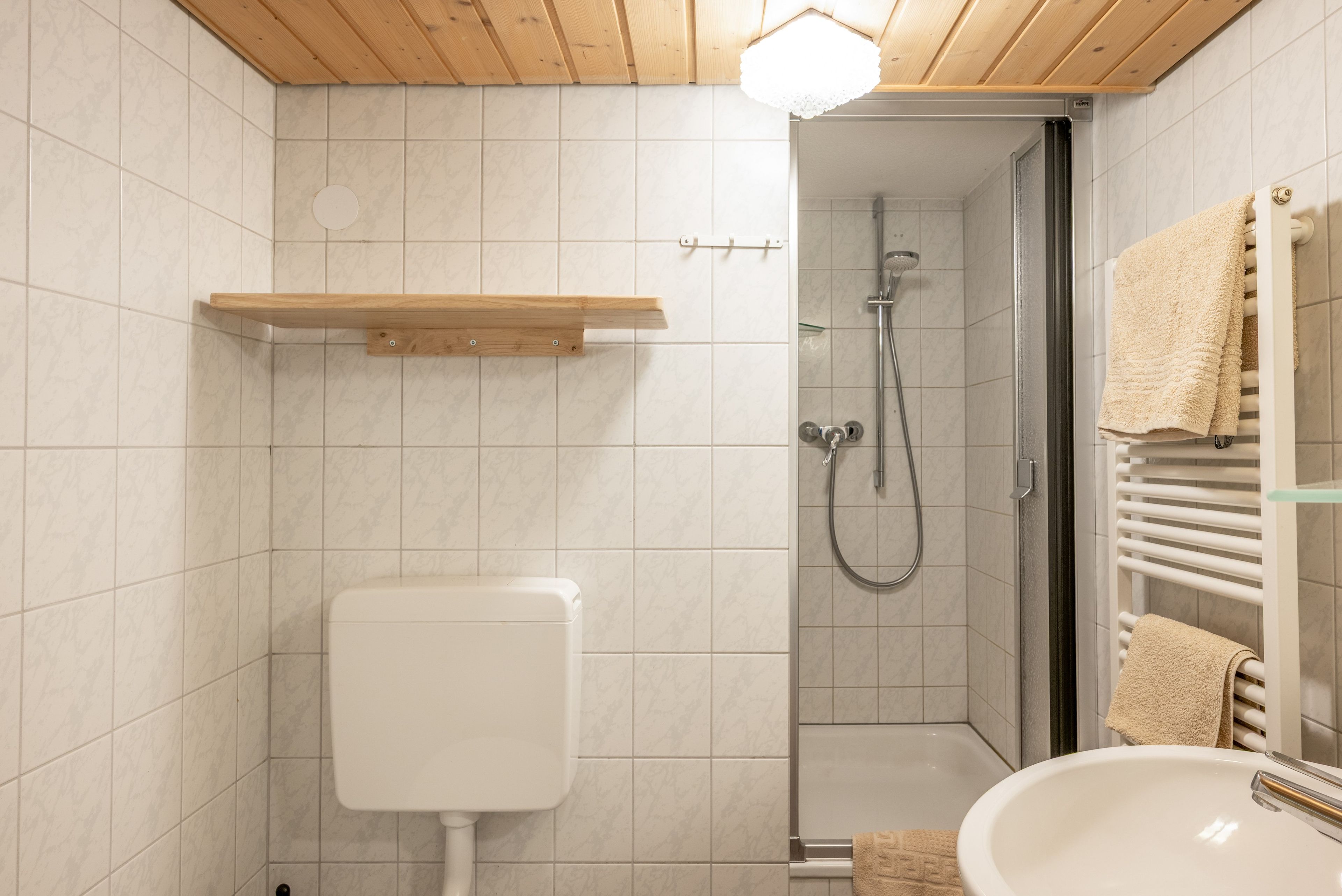 Een badkamer met douche, toilet en wastafel.