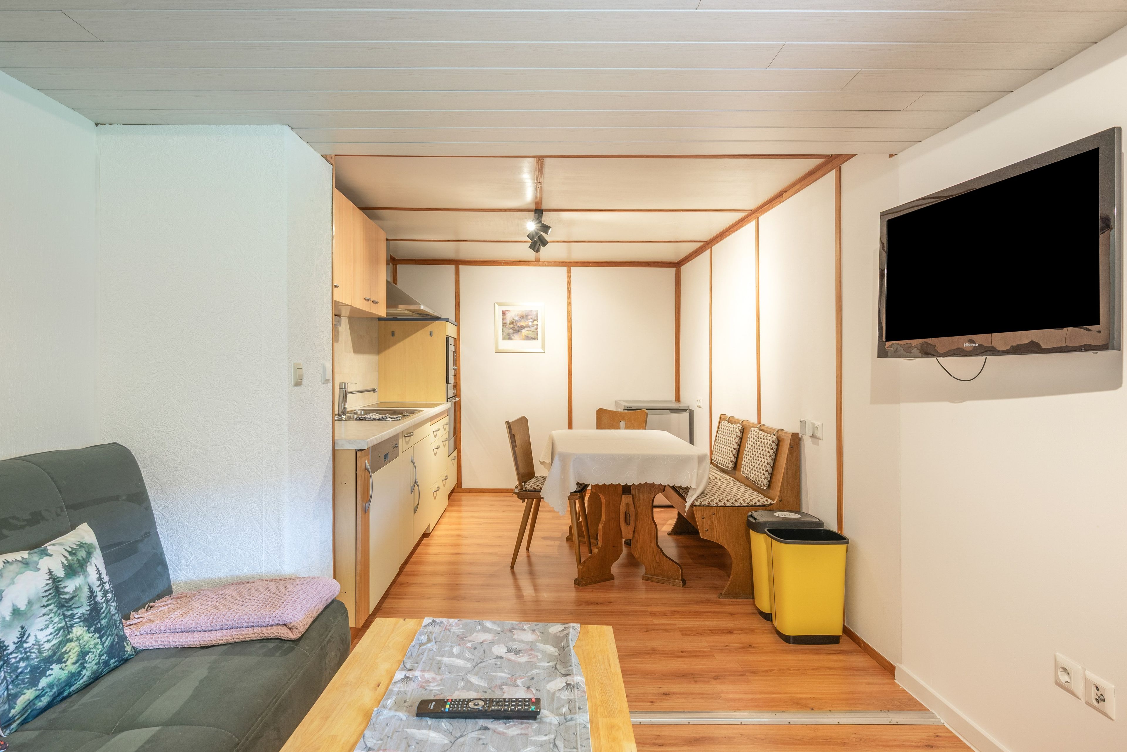 A compact living space with a kitchenette, a dining area, a sofa, and a TV mounted on the wall.