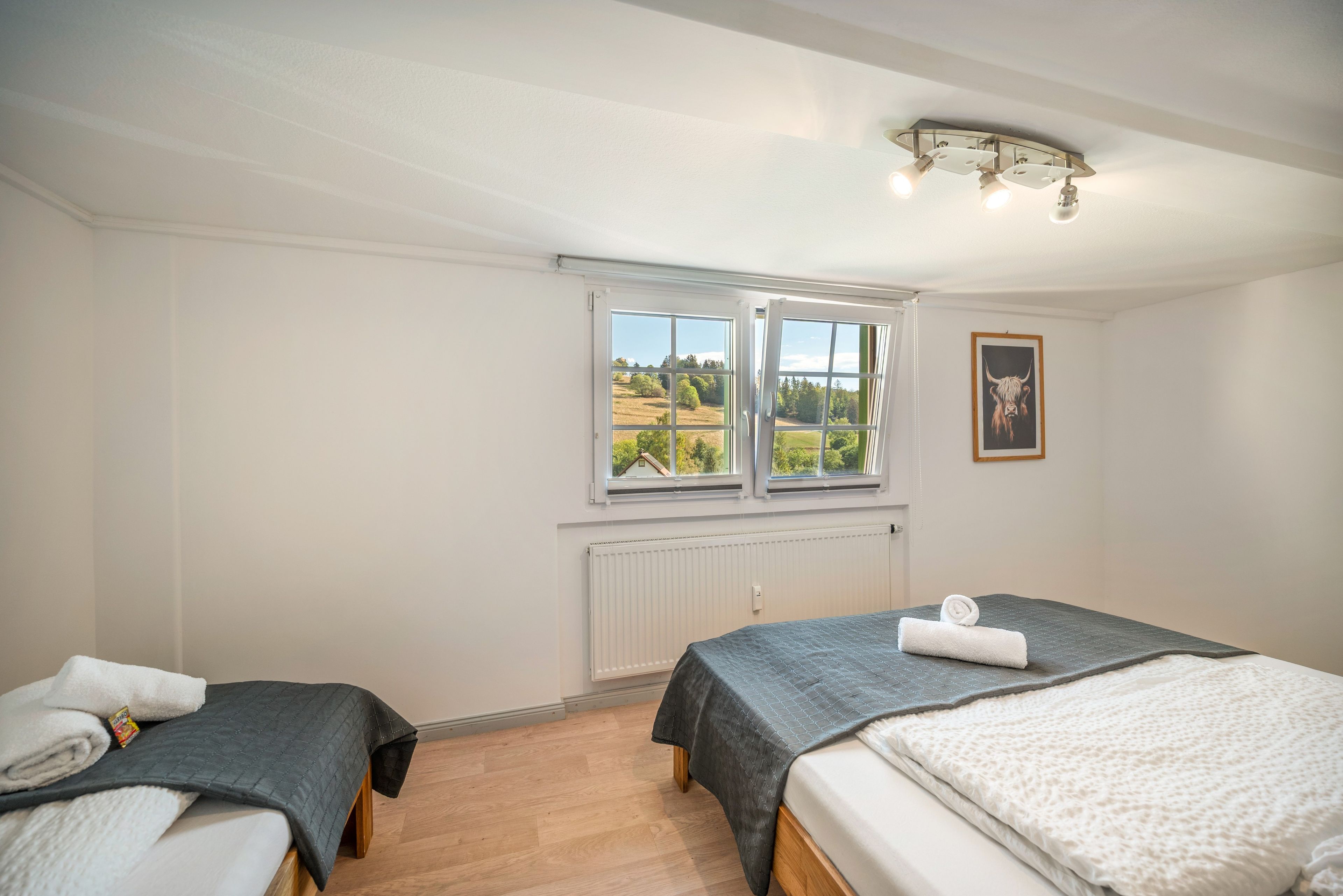 A hotel room with two beds, a window with a view of the countryside, a radiator, and a framed picture on the wall.
