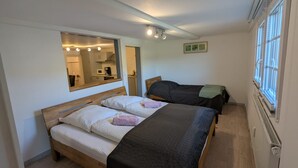 Una habitación con dos camas, un espejo y una ventana.