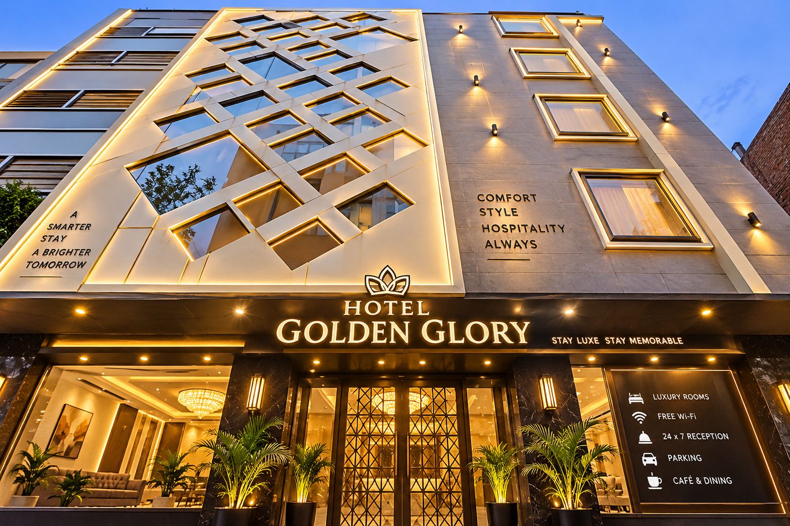 A hotel entrance with a modern facade, illuminated signage, and a welcoming reception area.