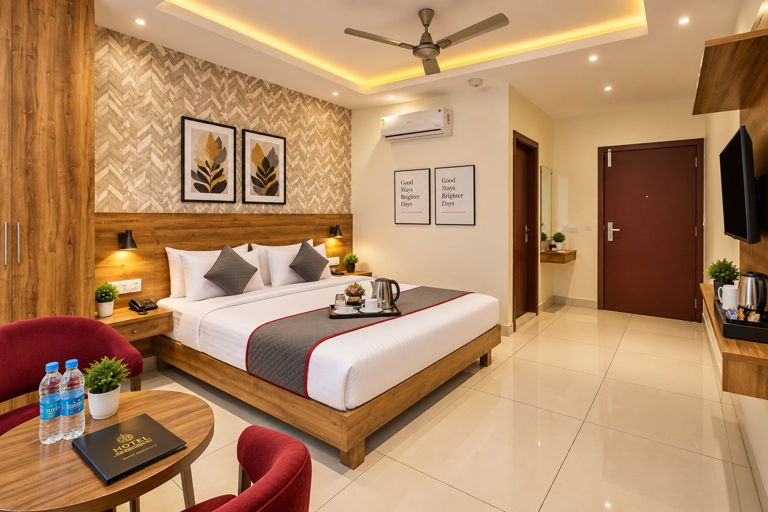 A hotel room with a bed, bedside table, red armchair, and a small table with a tray.