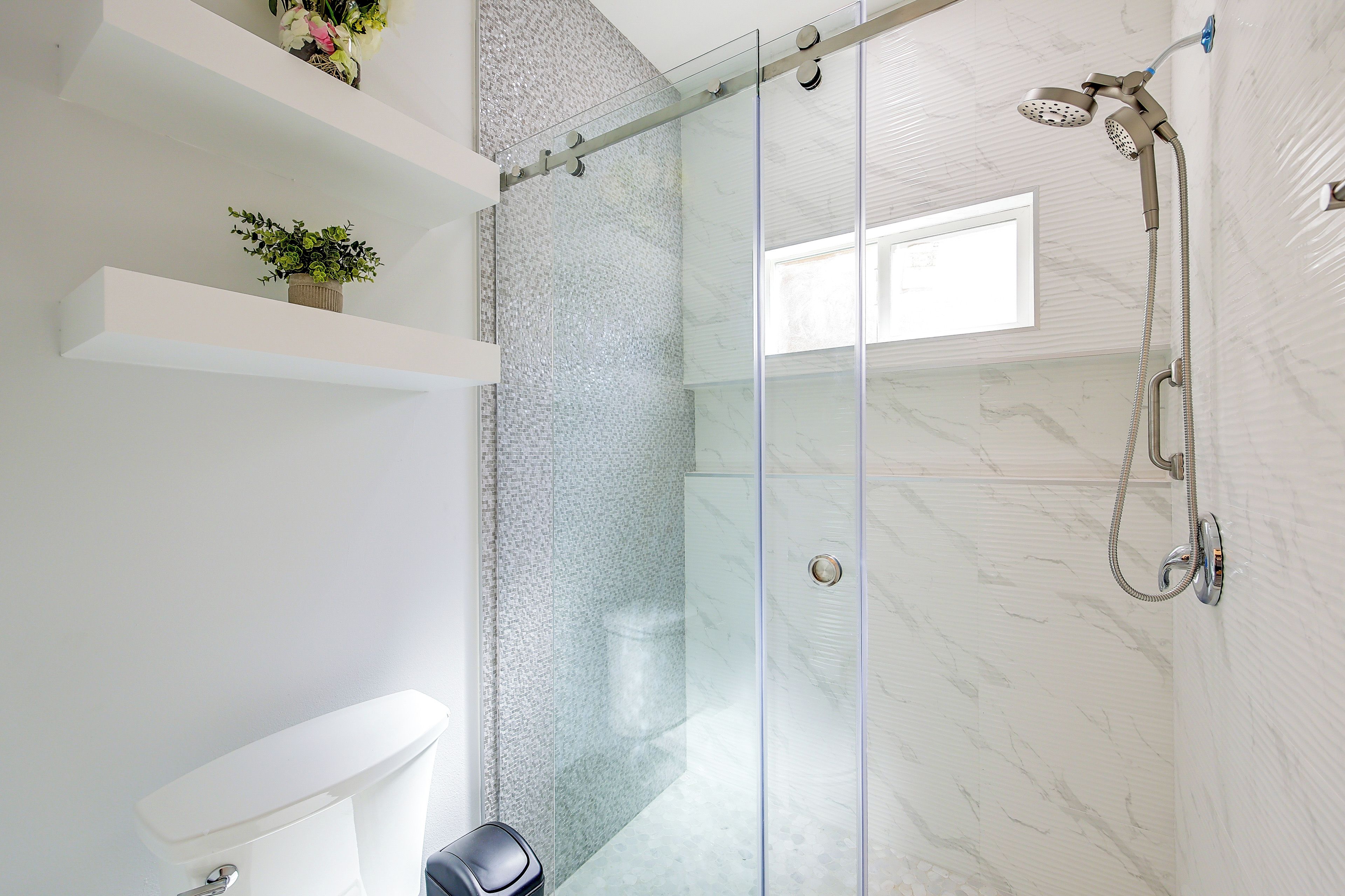 A modern bathroom with a glass-enclosed shower, a white toilet, and a shelf with a plant.
