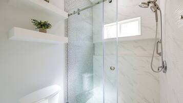 A modern bathroom with a glass-enclosed shower, a white toilet, and a shelf with a plant.