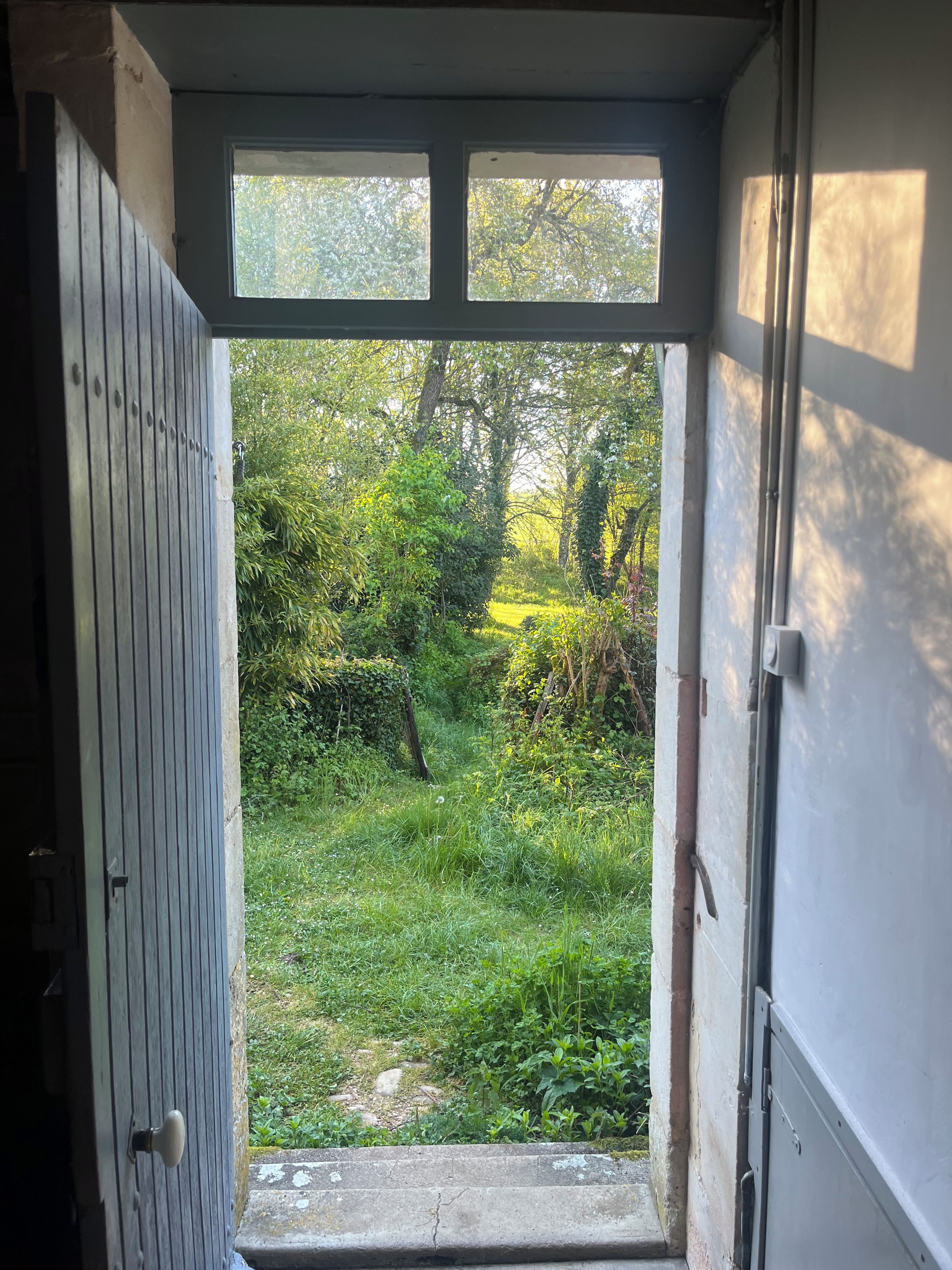 Une porte ouverte donnant sur un jardin avec vue sur les arbres et l’herbe.