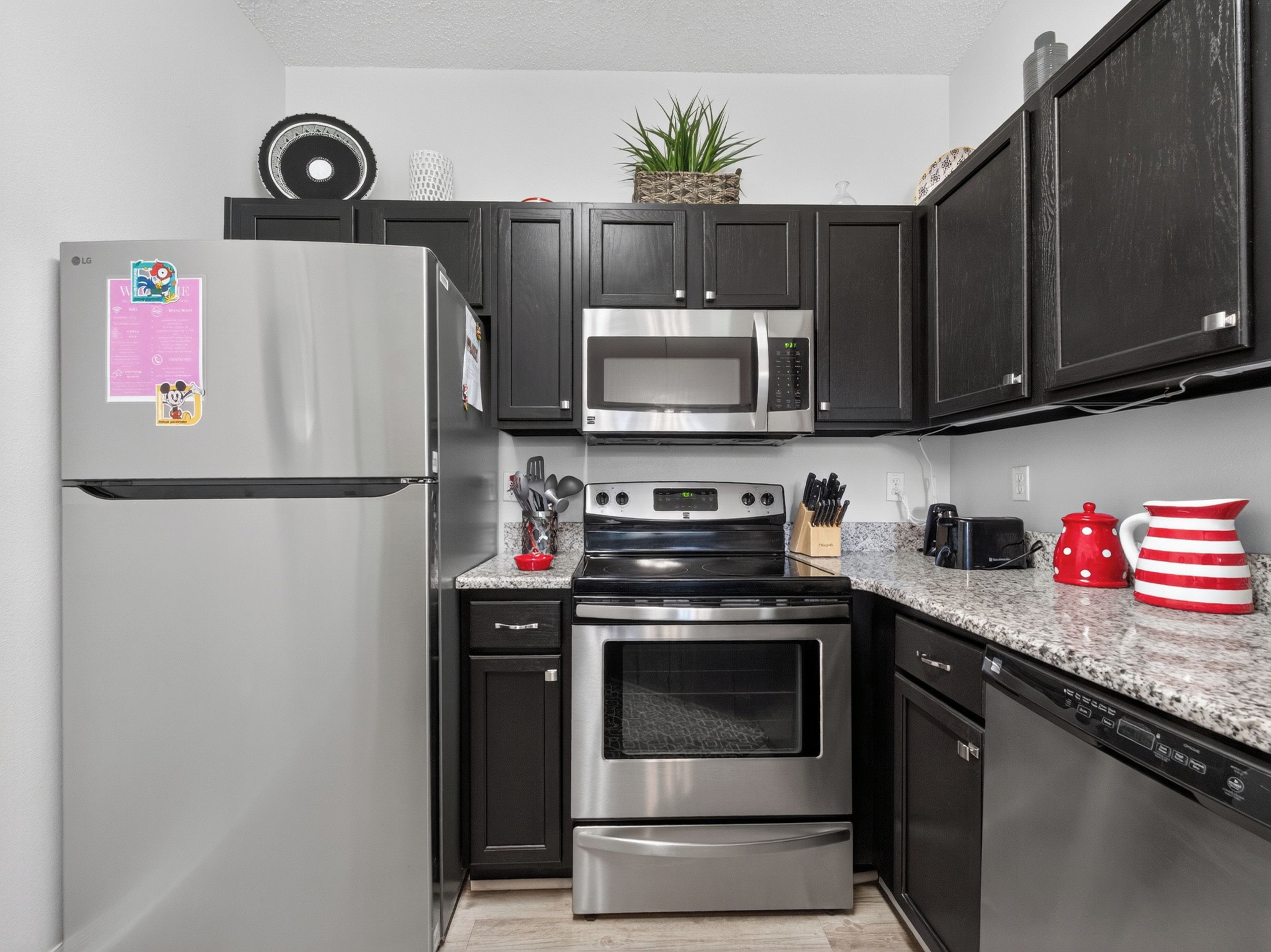A modern kitchen with stainless steel appliances, dark cabinetry, a granite countertop, and a red and white striped pitcher.