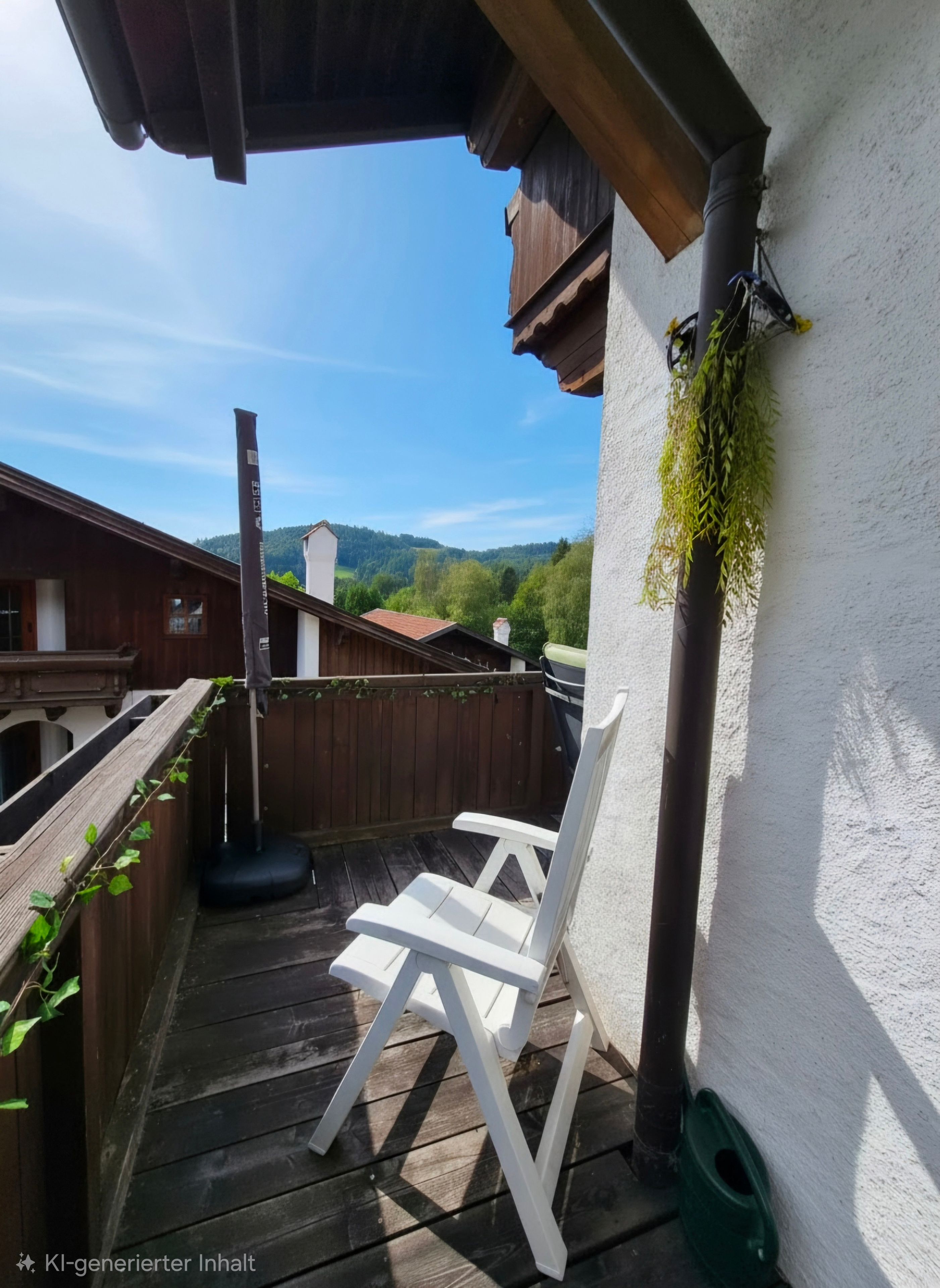 Une terrasse en bois avec une chaise blanche, un enrouleur de tuyau noir et un seau vert.