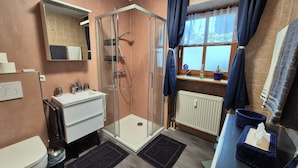 Ett badrum med en dusch som är avskärmad med glasväggar, ett vitt handfat, en toalett, en spegel och ett fönster med gardiner.