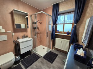 Ein Badezimmer mit Duschkabine, weißem Waschbecken, Toilette, Spiegel und einem fenster mit Vorhängen.