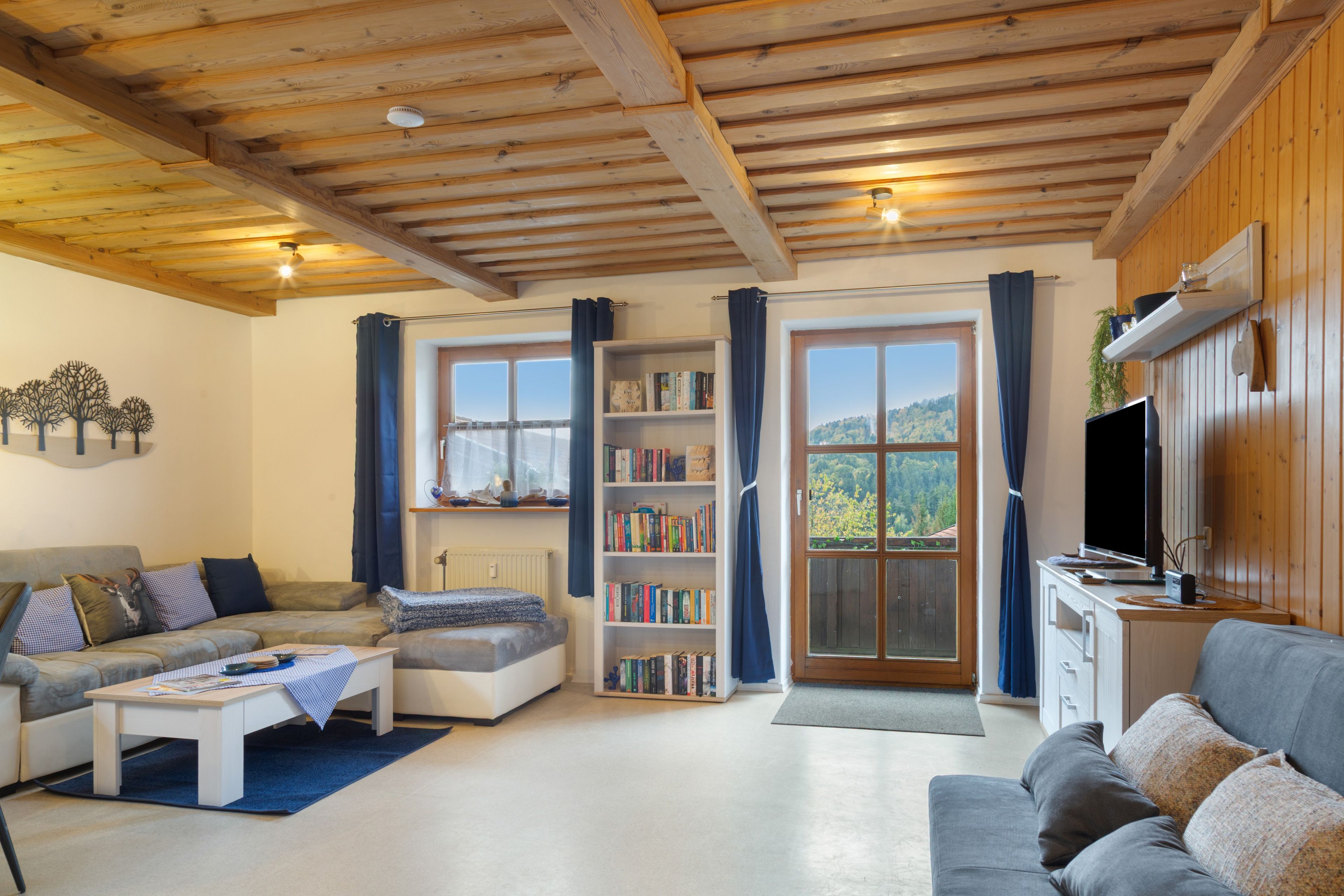 Una sala de estar acogedora con techo de madera, un sofá, una mesa de centro, una estantería y un televisor.