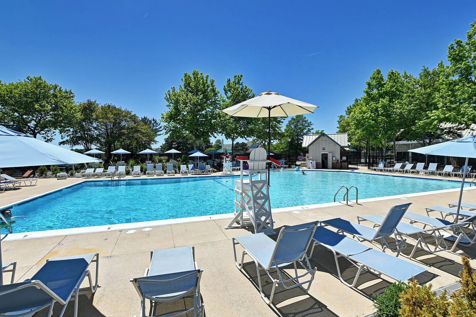 Une piscine dotée de chaises longues et de parasols, entourée d’arbres et surplombée d’une tour de surveillance pour les sauveteurs.