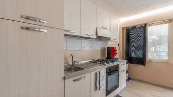 A compact kitchen with a gas stove, a sink, and a built-in oven.