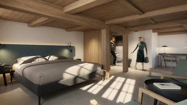 A modern bedroom with a large bed, a desk, and a chair. - Appenberg Hoteldorf, Seminare & Events (Mirchel)