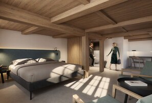 A modern bedroom with a large bed, wooden ceiling beams, and a view of a hallway. - Appenberg Hoteldorf, Seminare & Events (Mirchel)