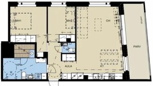 A hotel floor plan with multiple rooms, including a kitchen area, a dining area, and a parking space. - New 13th Floor 2BR Apt in Centre | Hot Tub & Sauna (Jyväskylä)