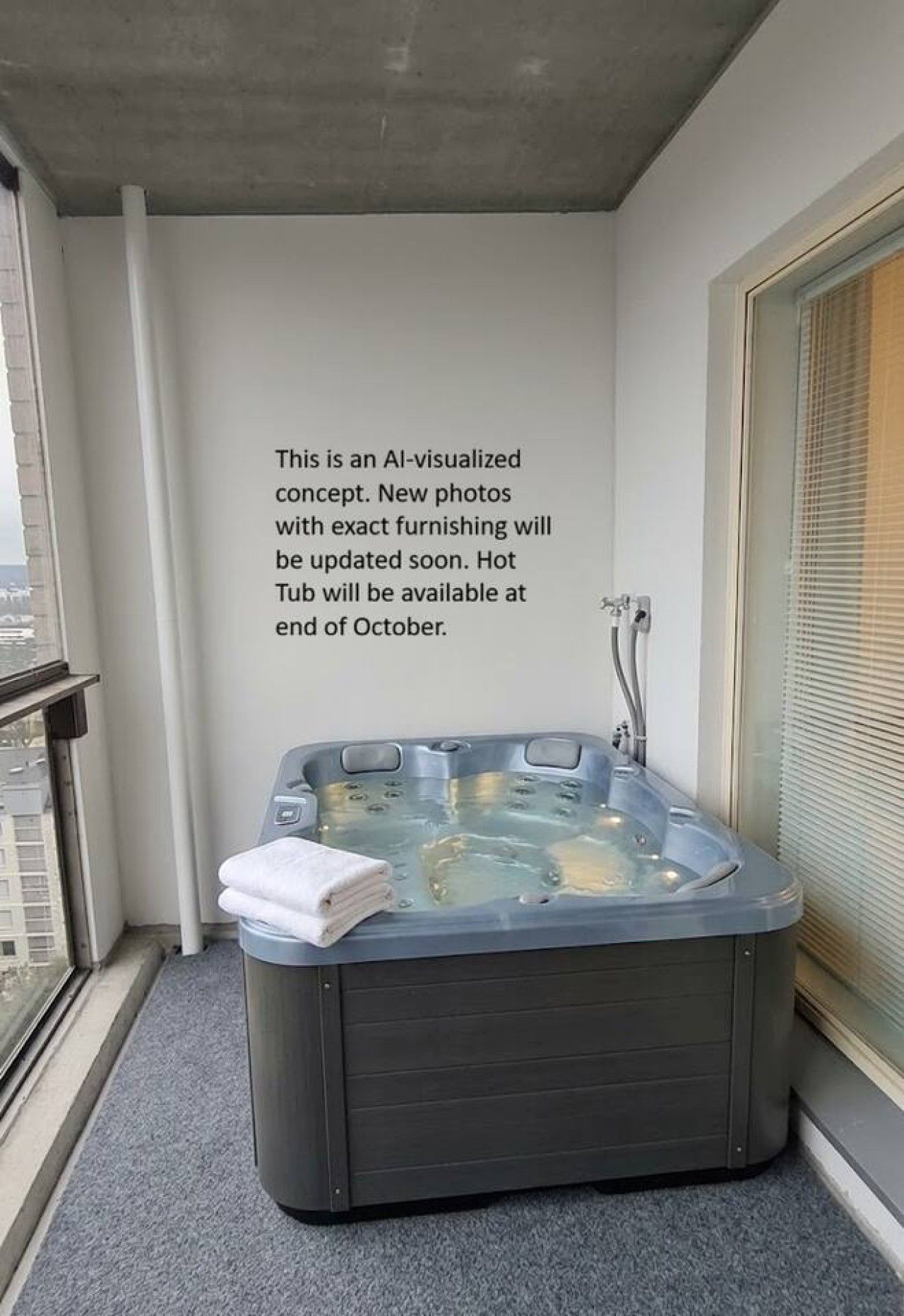 Un jacuzzi en un rincón con una toalla, una ventana y una pared con texto.