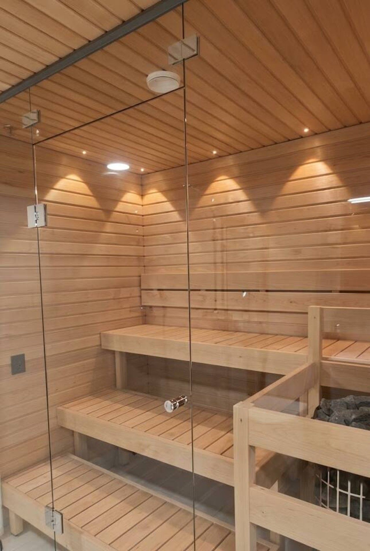 Un sauna aux murs et aux bancs en bois, doté d’une paroi en verre et d’un plafond pourvu d’un éclairage encastré.