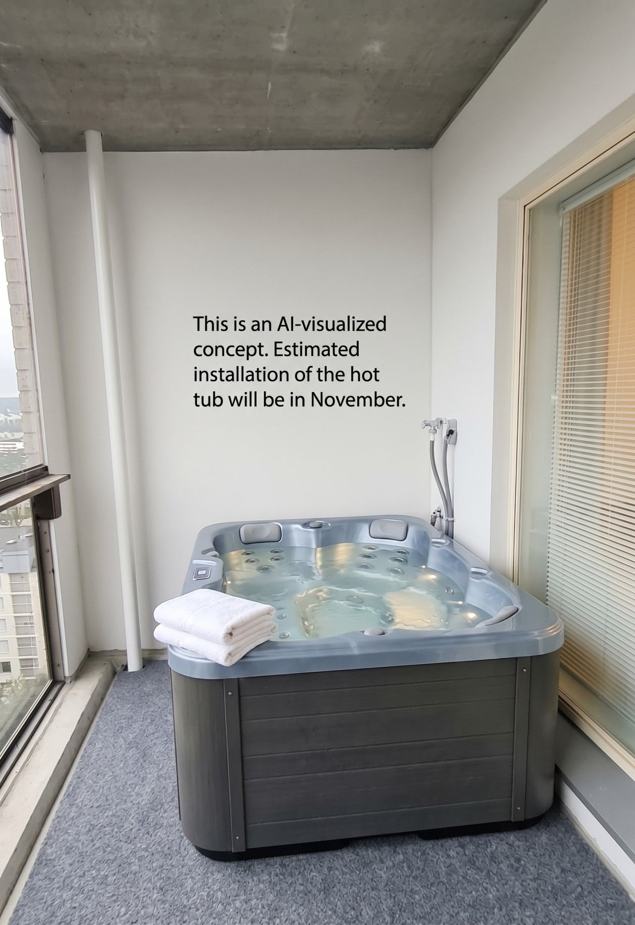 A hot tub in a room with a window, a towel on the tub, and a text overlay.