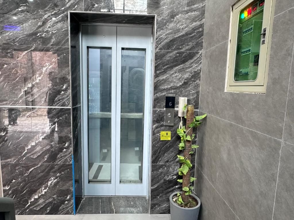 An elevator with a glass door, a potted plant beside it, and a wall with a marble-like pattern.