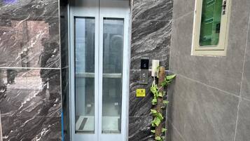 An elevator with a glass door, a potted plant beside it, and a wall with a marble-like pattern.