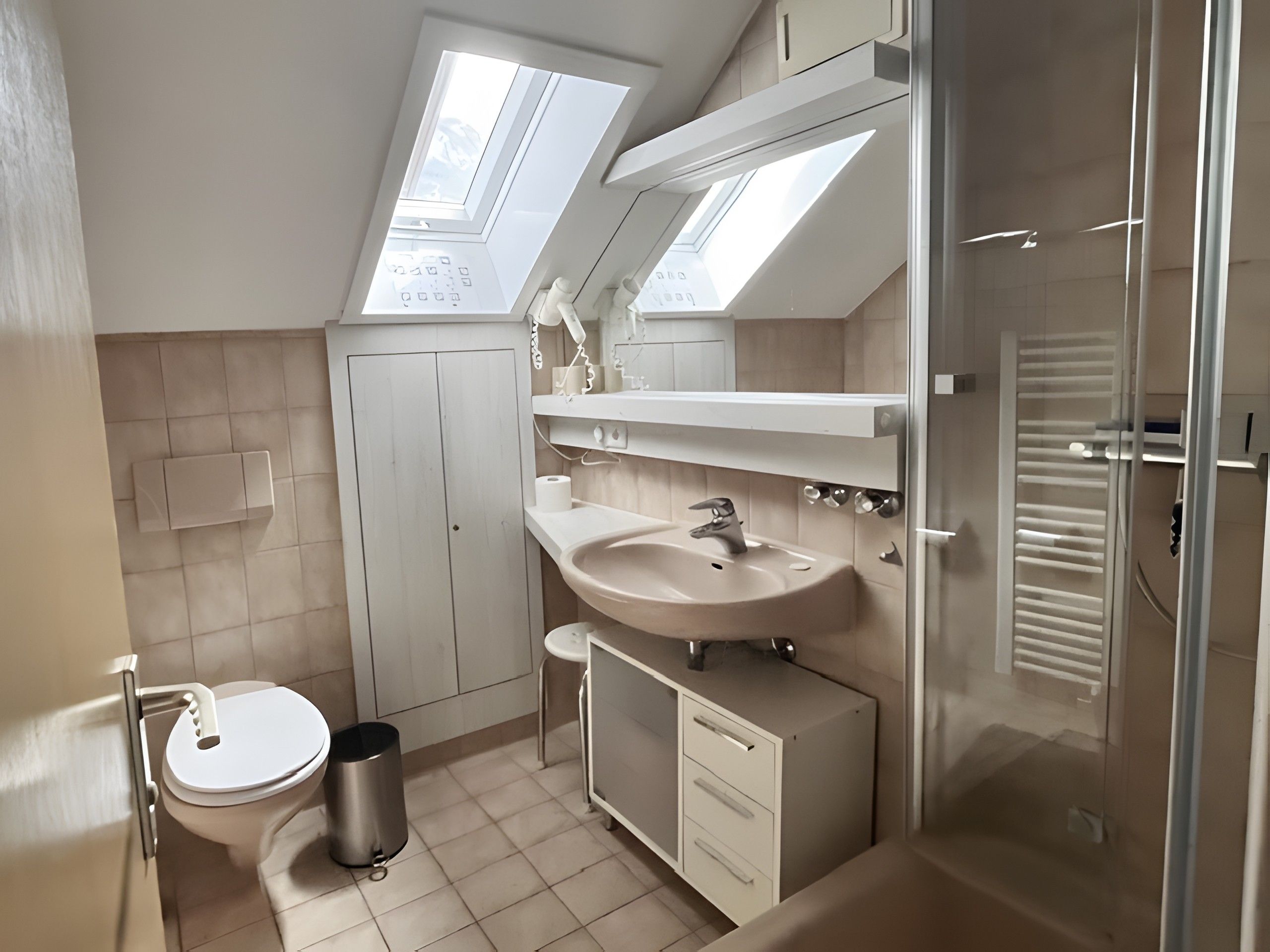 A modern bathroom with a skylight, a toilet, a sink, and a shower area.