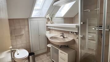 A modern bathroom with a skylight, a toilet, a sink, and a shower area.