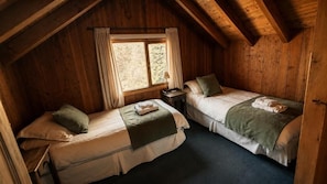 A cozy cabin room with two beds, a window, and wooden walls.
