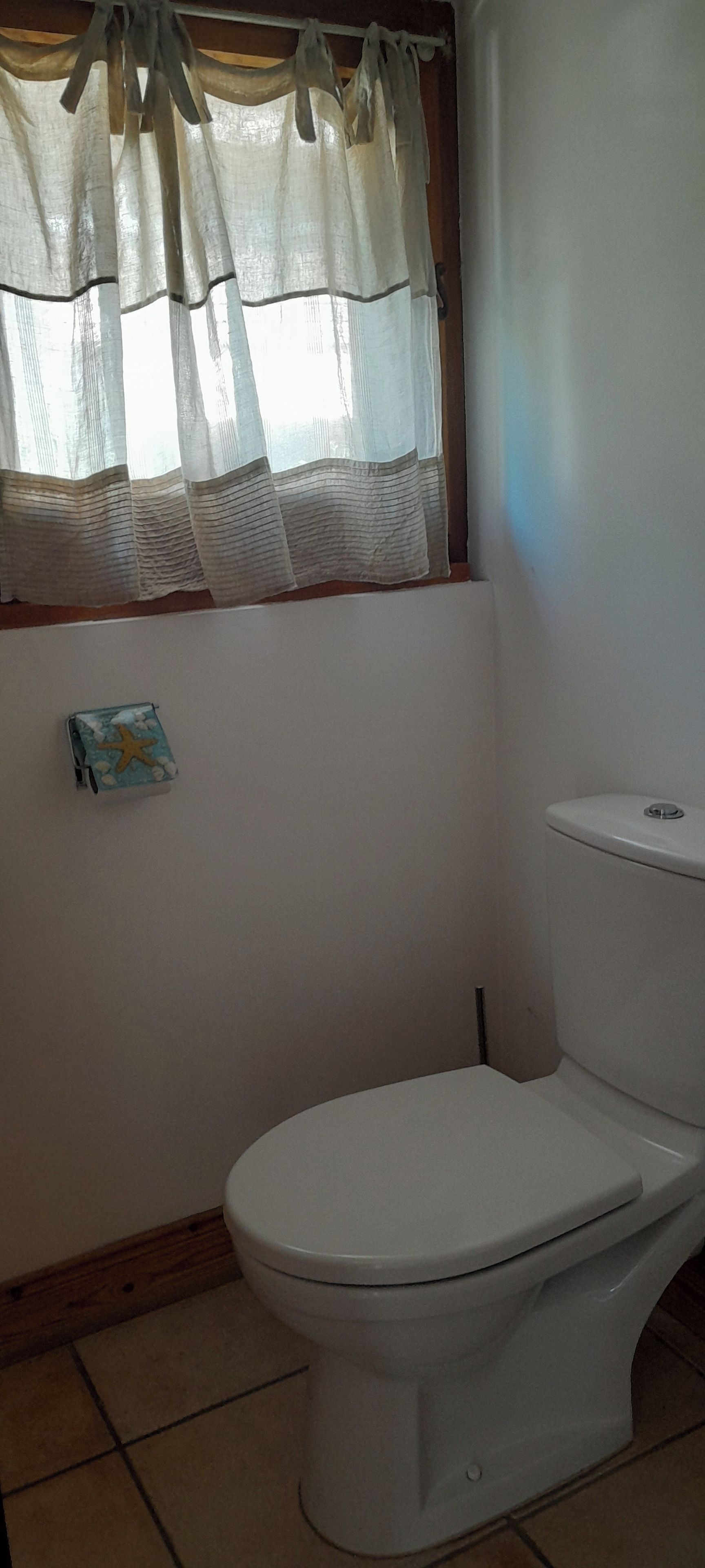 A small bathroom with a toilet, a window with a curtain, and a small decorative item on the wall.