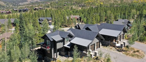 Un barrio residencial con casas modernas rodeado de un bosque denso y montañas al fondo.