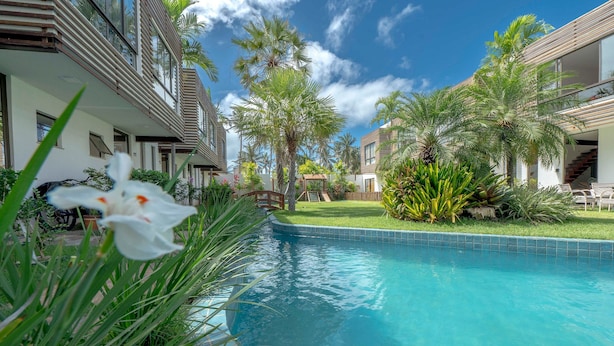 Una piscina con superficie de agua azul cristalina, rodeada de exuberante vegetación y palmeras.