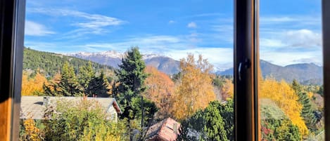 A view through a window with a mountain landscape, including trees and a building.