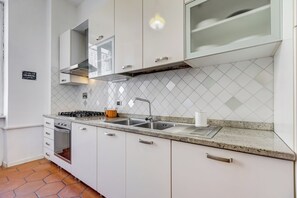 A modern kitchen with white cabinets, a stainless steel sink, and a gas stove. - Spacious and comfortable apartment (Roma)