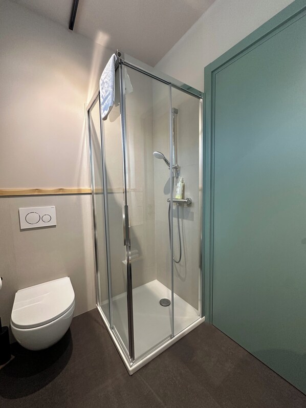 A modern bathroom with a glass-enclosed shower, a white toilet, and a door with a teal frame. - Rifugio San Bernardo (Valdobbiadene)